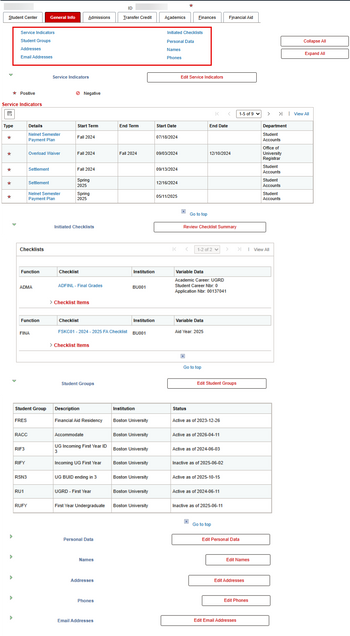 The layout of the General Info tab, displaying direct links at the top of the page and expandable, editable sections beneath.