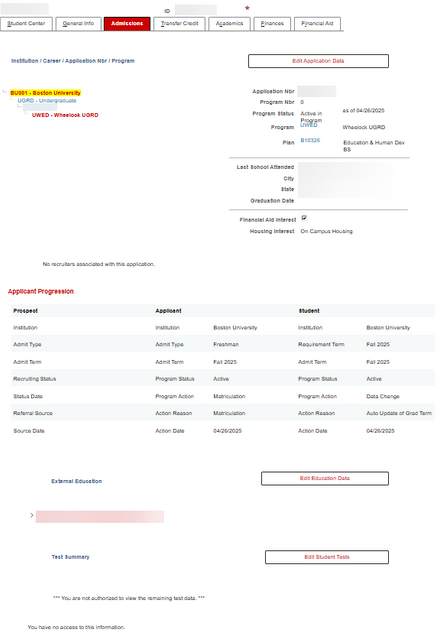 An example Admissions Tab page, displaying sections for Academic Data, Applicant Progression, External Education, and Test Summary.