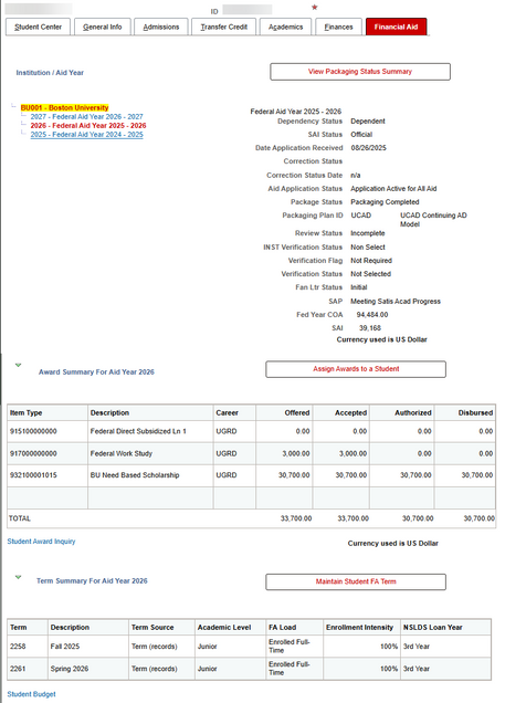 Display sections in the Financial Aid tab page in Student Services Center, including Institution/Aid Year, Award Summary for Aid Year, and Term Summery for Aid Year.
