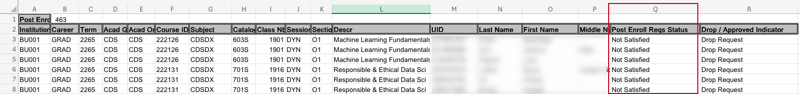 Excel spreadsheet data lines highlighting 'not satisfied' value.