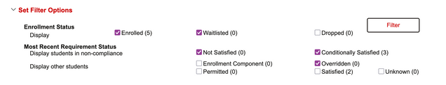 The Set Filter Options of the ERR page displays checkboxes for the various filters that can be applied to list of students that are compiled. These relate to the enrollment status and requirement status of the student.