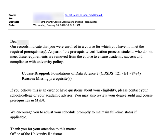 Example email that is sent to students who are dropped from the class; includes course details and going to school or advisor for support.