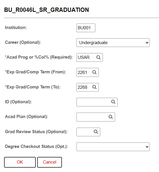 Example of search prompt inputs for the Graduation Report query.