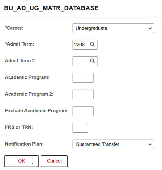 Example of an Undergrad Matriculation Database query window.