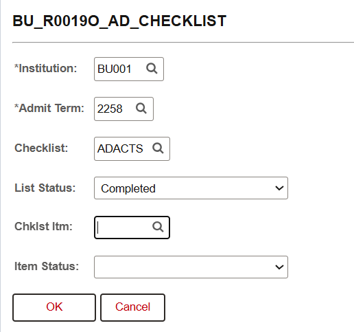 Example of an Admissions Checklist query window.