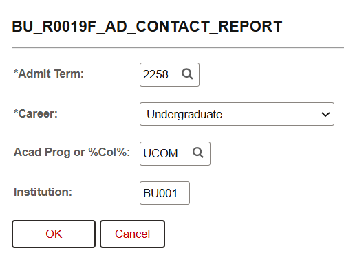 Example of a Contact List of Admitted Students query window.