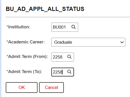 Example of an All applications by admit term query window.
