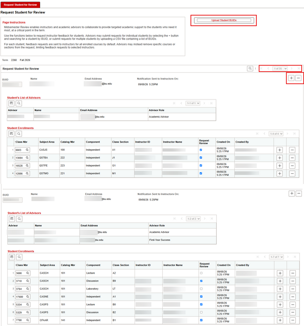 Example view of the Request Student for Review page upon opening, before any new student rows or ID spreadsheets have been added.