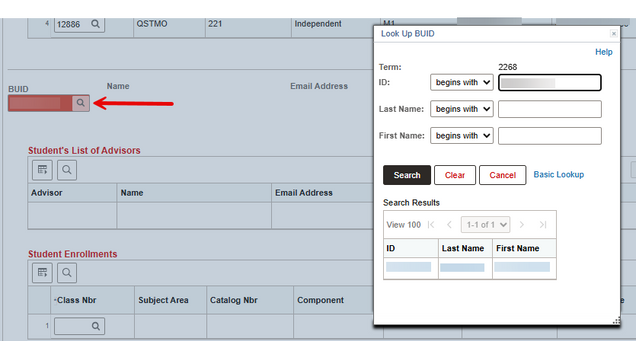 Creating a new Request for Review row by searching for an individual student ID number.
