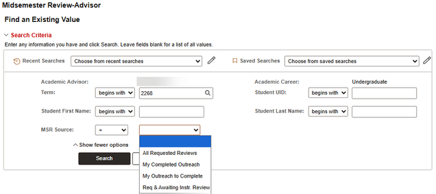 Example of a Midsemester Review Advisor search window.