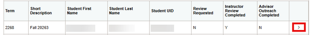 Example of search results in the Midsemester Review Advisor page, where the advisor needs to complete outreach on an instructor-initiated update.