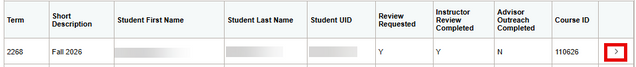 Example of search results in the Midsemester Review Advisor page, where the advisor needs to complete outreach on a Requested Review.