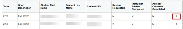 Selecting a student row for advisor outreach in Midsemester Review Advisor.