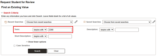 Example of searching by Term in the Request Student for Review page.
