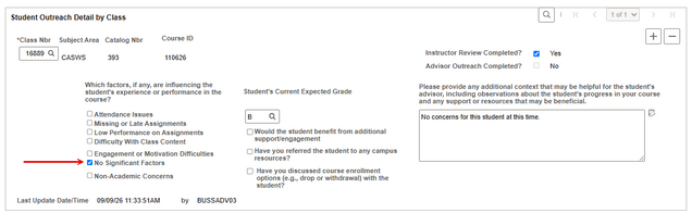 Example of a Request for Review when the instructor has no concerns. The No Significant Factors box is checked, and the instructor has provided a Current Expected Grade of B and a Note that reads “No concerns for this student at this time.”