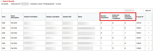 An example search result list in the Midsemester Review Instructor page.