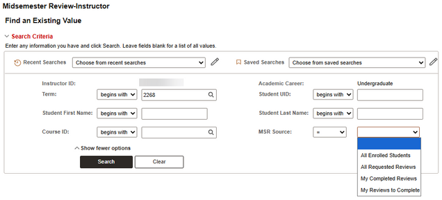 Fields for an instructor to use to narrow search results in the Midsemester Review Instructor page.