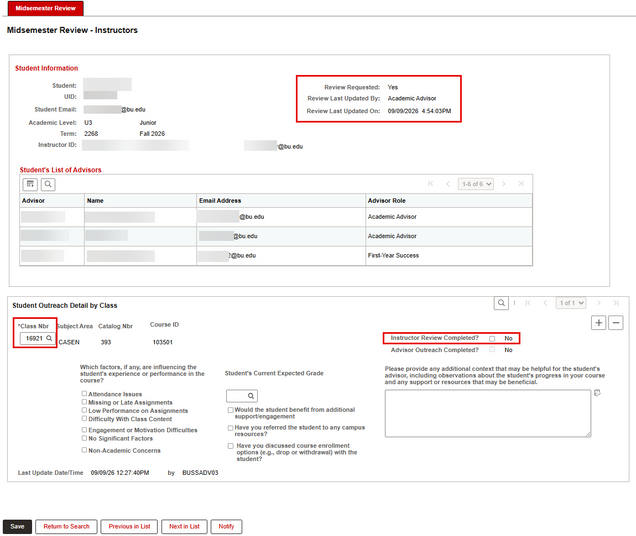 An example Midsemester Review page for an individual student, with sections on Student Information, Student’s List of Advisors, and Student Outreach by Class.