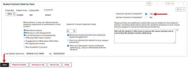 Example of a student Midsemester Review page after the instructor has completed their update and outreach.