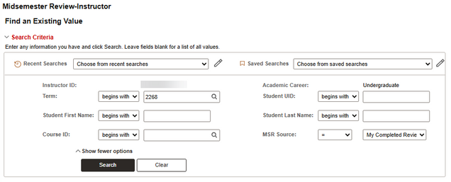 Searching for My Completed Reviews in a specified Term in the Midsemester Review Instructor search page.