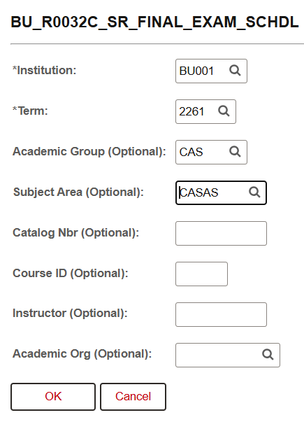 Example of a Final Exam Schedule query window.