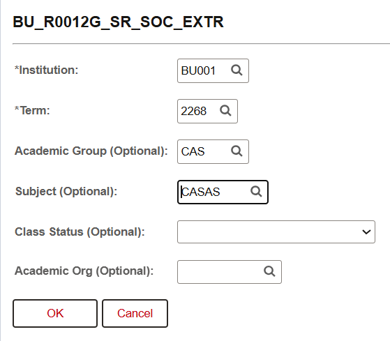 Example of Classes w/ all schedule fields query window.