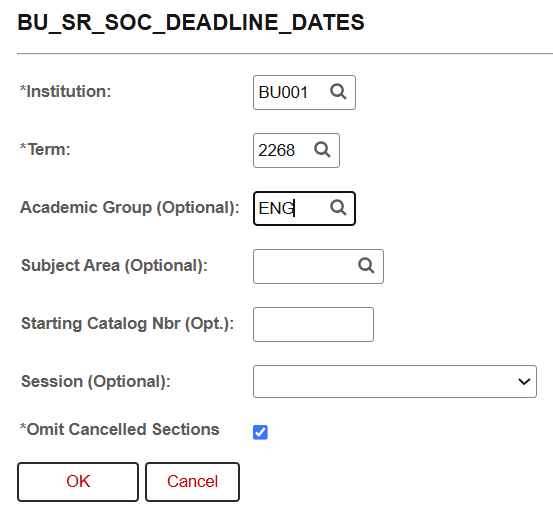 Example of Deadline Dates for Classes query window.
