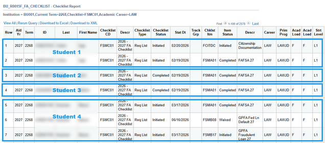 Example results of BU_R0015F_FA_CHECKLIST, annotated to show how multiple lines may represent one student.
