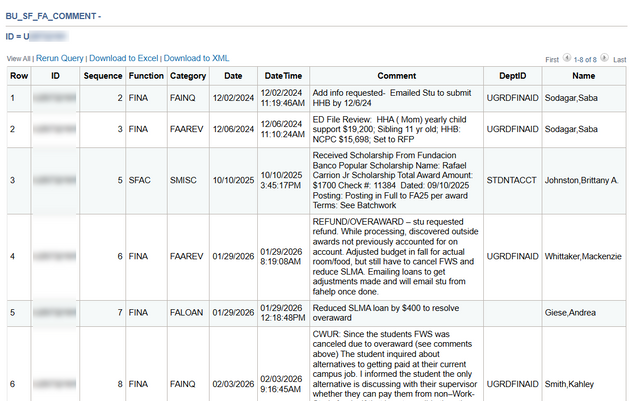 Example of results of BU_SF_FA_COMMENT report.