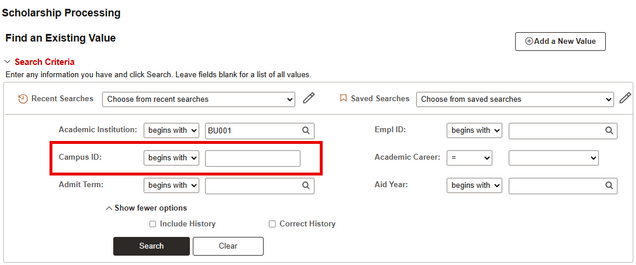 Scholarship Processing search screen.