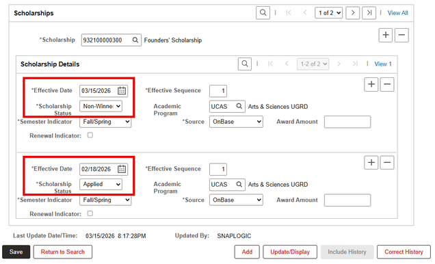 Example of multiple effective dated rows for one scholarship.