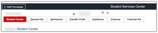 View of Student Center tab at the top of an individual's Student Services Center page.