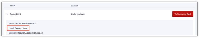Example student's Enrollment Dates page, highlighting the Academic Level is 'Second Year.'