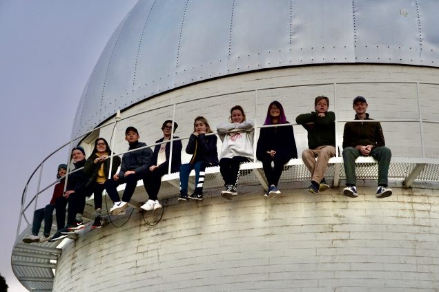 CC 111 students and faculty on the catwalk of the 42-inch Hall Telescope at Anderson Mesa Observatory, Fall 2017.  Photo by P. Muirhead (far right with BU Earth and Environment Prof. A Kurtz).