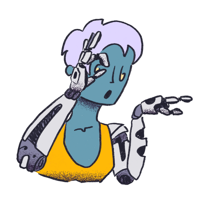 Illustration of cyborg with short purple hair and dark blue skin examining and pointing at something out of frame.