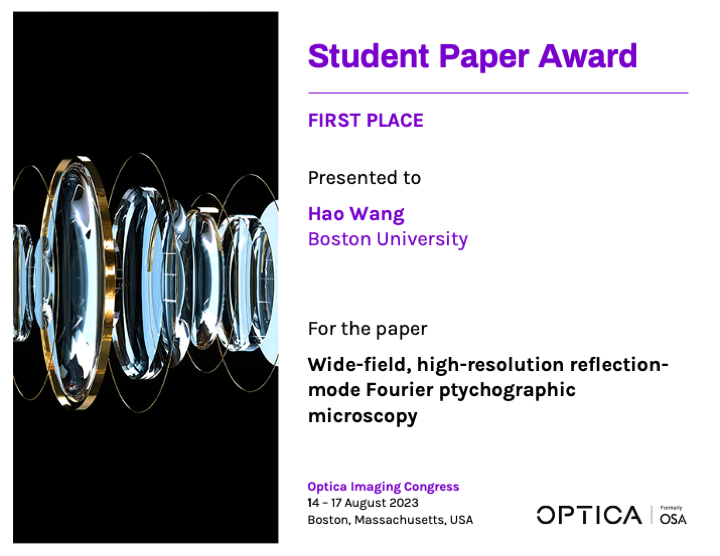 Hao Wang wins Best Student Paper Award in Optica Imaging Congress