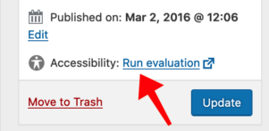 Screen capture of WordPress editing interface showing the accessibility evaluation link.